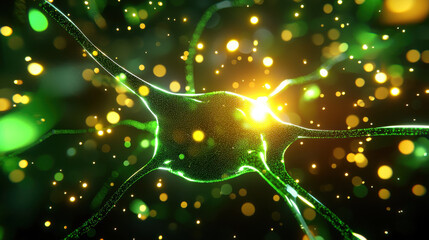 Aufkleber - glowing neuron with vibrant green and yellow particles, representing neural connections and activity, creates captivating visual of brain complexity