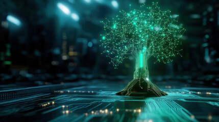 Aufkleber - glowing AI powered tree made of interconnected circuits symbolizes technology and nature. This futuristic design showcases innovation and creativity in digital landscape