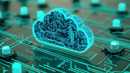Aufkleber - glowing cloud shaped AI brain with circuit patterns, symbolizing technology and innovation. This represents fusion of digital and cloud computing