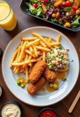 Wall Mural - Plate of fried food with side salad and fries with juice on wood table