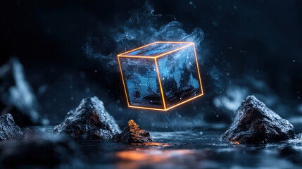 Poster - glowing cube floats in dark void, projecting holographic patterns amidst rocky formations. scene evokes sense of mystery and wonder