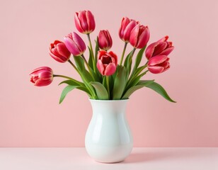 Wall Mural - Red tulips in white vase on pink background