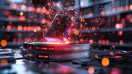 Aufkleber - futuristic holographic library with glowing books and vibrant sparks, showcasing advanced technology and digital elements