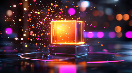 Poster - glowing cube surrounded by colorful particles creates mesmerizing visual effect, showcasing blend of technology and creativity in vibrant setting