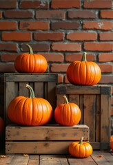 Wall Mural - Pumpkins on wooden crates against a brick wall