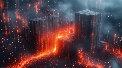 Wall Mural - A cityscape with a lava flow and a few buildings