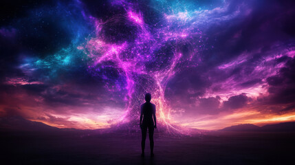 Poster - human silhouette stands in awe before massive cosmic tree, surrounded by vibrant colors and swirling galaxies. scene evokes sense of wonder and connection to universe