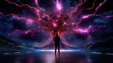 Poster - human silhouette stands before massive glowing tree, surrounded by vibrant pink and purple lights against cosmic backdrop. scene evokes sense of wonder and mystery