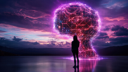 Poster - human silhouette stands before massive glowing brain, symbolizing technology and innovation against vibrant sunset. scene evokes sense of wonder and curiosity
