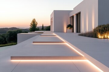 Poster - A sophisticated pathway illuminated by glowing lights guides visitors to a modern mansion amidst a serene twilight backdrop. The softly colored sky enhances the elegant atmosphere