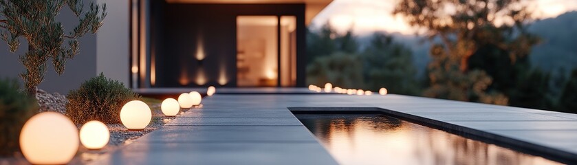 Poster - A sleek pathway illuminated by glowing lights guides the way to a grand modern mansion. The backdrop features a soft twilight sky, creating an inspiring and elegant atmosphere