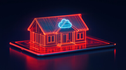 Aufkleber - sleek tablet displaying holographic house with cloud network, symbolizing modern technology and smart home concepts