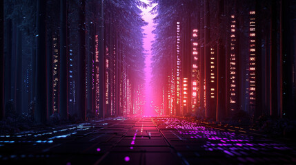 Poster - surreal digital forest with glowing data streams, vibrant colors, and mystical atmosphere. scene features tall trees illuminated by neon lights, creating captivating and otherworldly environment