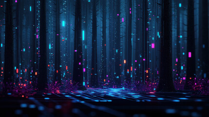 Poster - surreal digital forest with glowing data elements, vibrant colors, and mystical atmosphere. scene evokes sense of wonder and exploration in futuristic environment