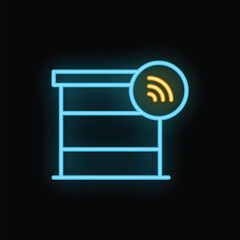 Poster - blue and yellow neon icon of a wifi signal connecting to a server database on a black background
