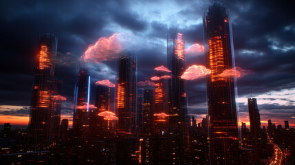 Poster - Surreal cityscape with transparent skyscrapers and glowing clouds at sunset. vibrant colors and dramatic lighting create captivating atmosphere