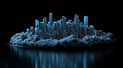 Poster - surreal depiction of glowing city skyline emerging from cloud matrix, showcasing futuristic atmosphere. vibrant blue lights contrast against dark background, creating captivating visual