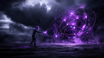 Poster - surreal image of human figure manipulating glowing purple energy in dark, stormy environment. scene evokes sense of mystery and power