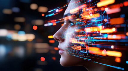 Poster - surreal portrait of human face merging with digital elements, showcasing vibrant colors and abstract