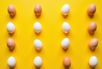 Wall Mural - Sixteen eggs on bright yellow background, top view