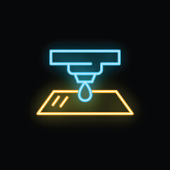 Poster - Neon icon of a 3d printer extruder depositing filament on a surface, glowing in blue and yellow against a black background
