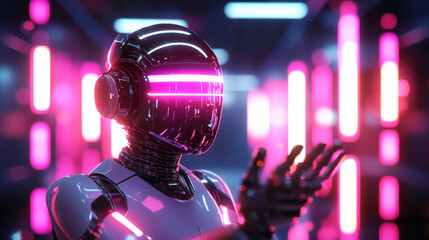 Poster - futuristic robotic artist with glowing features creates holographic art in vibrant, neon lit environment. scene evokes sense of innovation and creativity