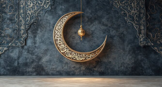 a Ramadan Kareem greeting card with Arabic calligraphy and a crescent moon hanging on it