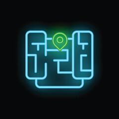 Poster - neon map icon is glowing on dark background with location pin point