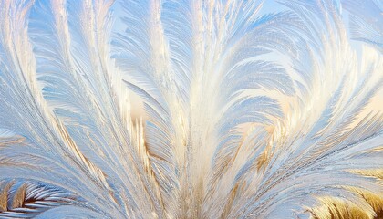 Poster - frosted windowpane pattern with radiant sunrise glow, natural icy feather motif, delicate texture, winter abstract background