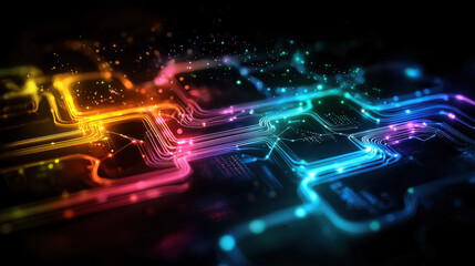 Aufkleber - vibrant representation of data flowing through circuits, showcasing colorful lights and intricate patterns. This artistic depiction evokes sense of technology and innovation