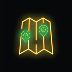 Poster - Neon glowing map showing two location pins for travel and tourism against a dark background