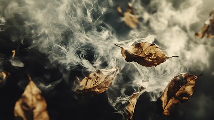 Aufkleber - Elegant and Ethereal Autumn Leaves Surrounded by Soft Smoke, Capturing the Beauty of Nature's Transition in a Calming Atmosphere