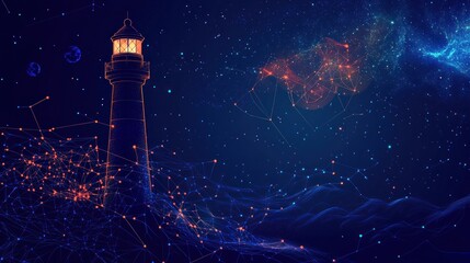 Luminous lighthouse in a starry, wireframe landscape.