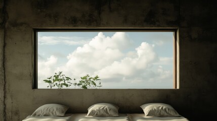 Wall Mural - Tranquil bedroom scene with three pillows by a window showcasing clouds and greenery outside