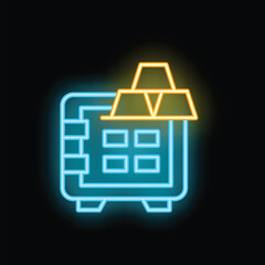 Poster - glowing neon icon of a safe filled with gold bars, symbolizing financial security and wealth preserv