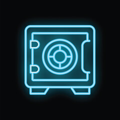 Poster - Neon blue safe glowing on a black background illustrating the concept of security