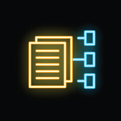 Poster - Glowing neon icon of documents transferring data to a central server, representing data storage and information sharing