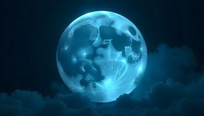 Wall Mural - Glowing Blue Full Moon with Clouds in Night Sky, a celestial view of the lunar beauty