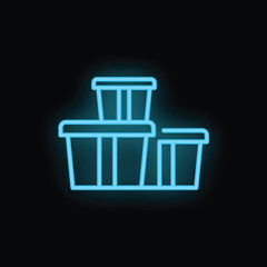 Poster - Neon icon of three blue storage boxes glowing on black background, perfect for minimalist designs