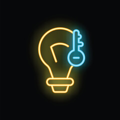 Poster - Glowing neon icon of a key unlocking a light bulb, symbolizing finding the solution or having a bright idea
