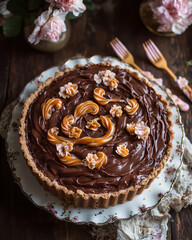 Wall Mural -  rich chocolate torte with caramel swirls and floral forks