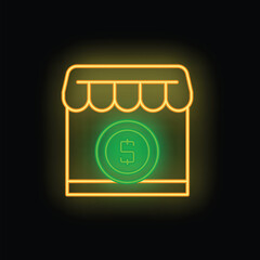 Poster - Neon shop icon with dollar coin glowing on dark background, representing the concept of online shopping and e commerce
