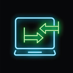 Poster - Neon sign of a laptop transferring data with arrows pointing in opposite directions