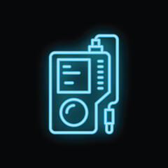 Poster - Blue neon icon of a portable mp3 player with a cord, glowing brightly on a dark background