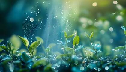 Aufkleber - Close-Up of Fresh Green Leaves Under Soft Rain and Sunlight in Tranquil Nature Setting, Capturing the Essence of Growth and Renewal