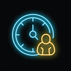 Poster - Neon sign icon of a businessman standing near a big clock representing time management, deadline and schedule