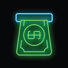 Poster - Glowing neon green banknote with fictional currency symbol being inserted into atm or pos terminal on black background