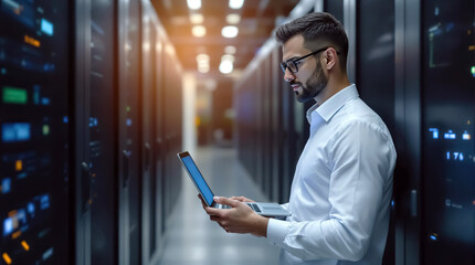 Aufkleber - specialist reviewing data in server room