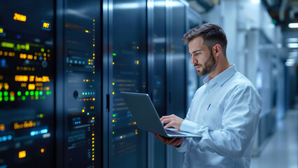 Aufkleber - specialist working in server room using laptop to monitor and manage systems