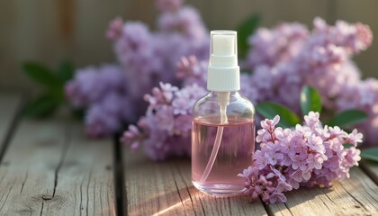 Poster - A charming glass spray bottle filled with soft pink liquid sits gracefully among blooming lilac flowers on a rustic wooden surface. This serene composition evokes a sense of tranquility and natural